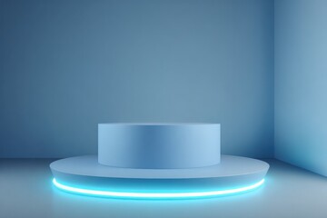 A futuristic podium illuminated by neon blue light sits empty in a minimalist room.