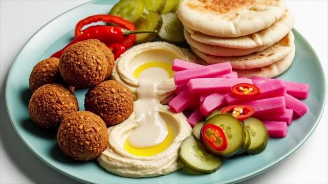 Falafel plate with hummus, tahini, pickles, and pita bread