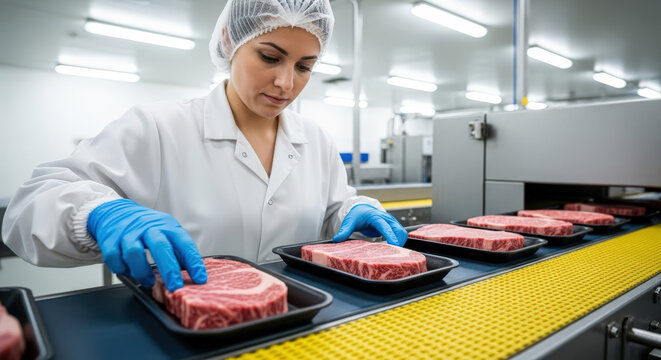 Woman worker wearing protective gear inspecting raw meat steaks on a conveyor belt in a food processing factory