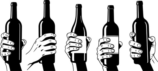 Celebration concept, hands holding wine bottles, black and white illustration, graphic style, party toast, alcohol theme, minimalist design, social gathering art