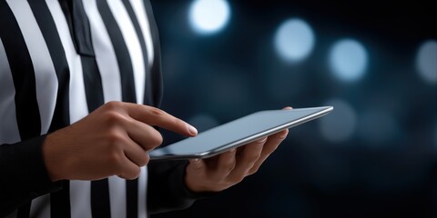 Male referee using tablet in sports game for real-time decision making