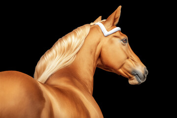 Profile of a golden horse against a black background. Detailed facial features, smooth mane, and vibrant color highlight the animal's strength and nobility.