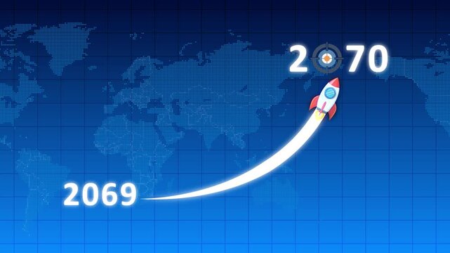 Rocket Launching Towards Target on World Map Background Representing Year 2070 space future