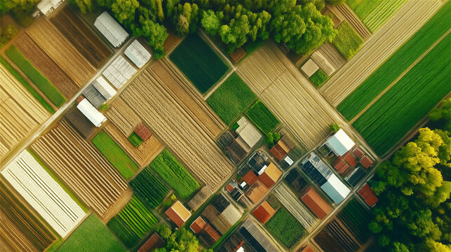 Top-down aerial view of garden plots in urban area, showing green rows, wooden frames and symmetrical design. Concept of local food production and sustainable living.