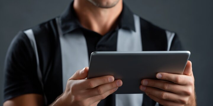 Male referee using digital device in sports setting