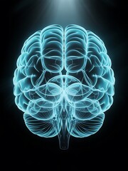 Glowing blue human brain x-ray on black background mind neurology