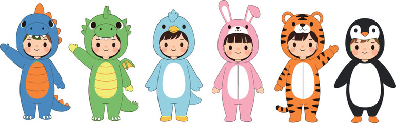 Children in Animal Costumes – Playful Cartoon Kids Dressed as Dragon, Dinosaur, Bird, Bunny, Tiger, and Penguin
