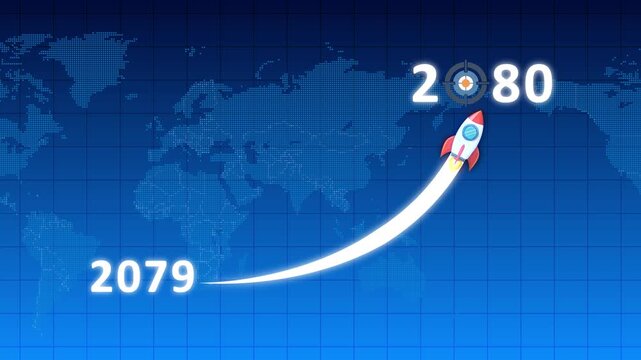 Rocket Launching From 2079 Towards Target In 2080 Over World Map Background spaceship space