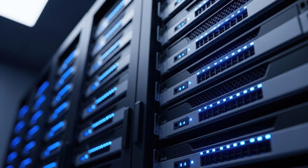Multiple computer servers with bright blue indicator lights blinking in a modern data center room at night