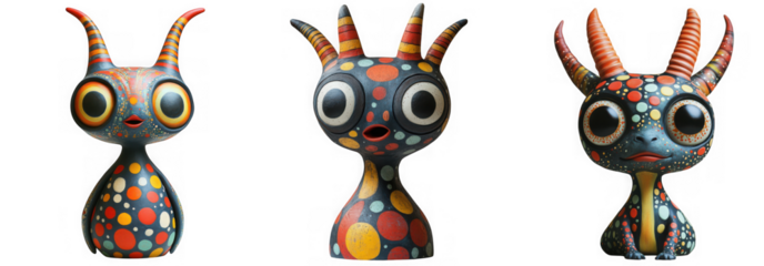 Three colorful whimsical creatures with big eyes and horns isolated on transparent background