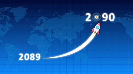 Rocket Launching Towards 2090 Target Over Digital World Map Background Keywords: rocket, launch, spaceship, future, year, 2090, 2089, target, goal, success, progress, growth, speed, trajectory