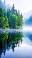 A serene natural landscape featuring a still lake reflecting a lush, mist-covered forest and distant mountains.