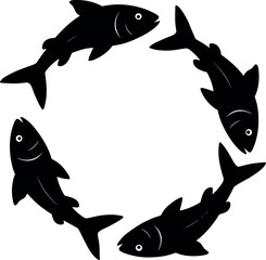 Circular fish silhouettes in motion loop, stylized aquatic vector illustration symbolizing unity, cycle, and nature for decor, logo, editorial, and tattoo use