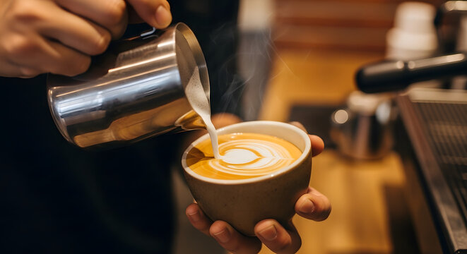 Close up of barista pouring milk into a cup of coffee to make latte art