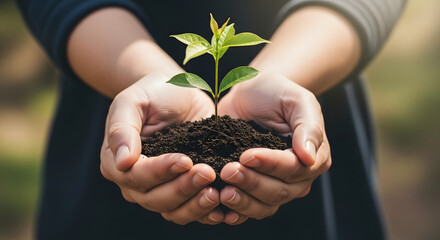 Hands holding a young green plant growing in soil, new life concept