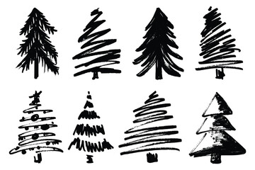 Scribble Brush Stroke Christmas Trees Silhouettes Set. Hand drawn black brush painted Christmas trees. Doodle markers drawn fir trees for New Year and Christmas cards, posters, cover, wrapping paper 