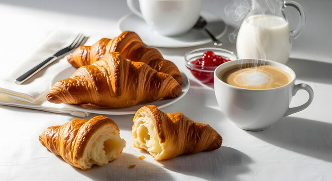 Delicious breakfast with croissants, coffee, milk and jam on a white table - Powered by Adobe