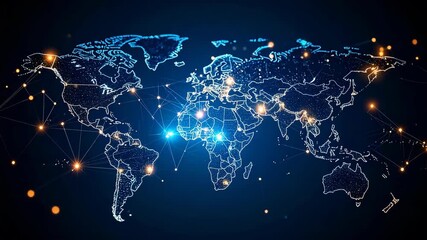 Animated world map with network connections and glowing points simulating digital global communications - Powered by Adobe