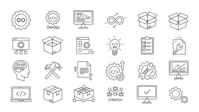 Collection of line icons representing devops concepts, software development, and business strategy