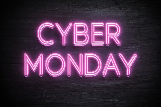Cyber Monday neon sign glows brightly on a dark, textured background.