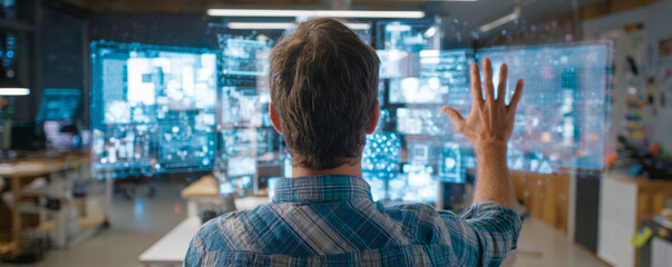 Futuristic interface hologram data analytics technology innovation research engineer lab touch control energizes scene