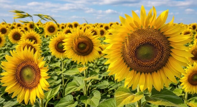 A vibrant sunflower field with a clear blue sky in the background. - Powered by Adobe