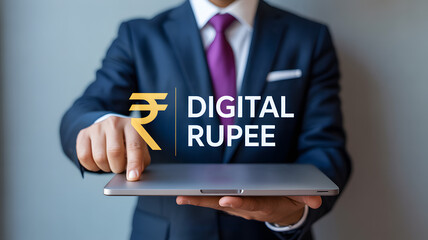 Businessman holding a tablet with the digital rupee symbol and text indicating digital currency innovation