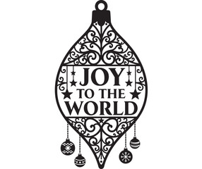 Black ornamental christmas bauble with joy to the world text isolated on white background