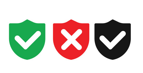 Security shield icons set with check mark and cross symbol — safety approval and protection concept, flat vector illustration