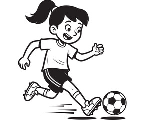 Cartoon girl playing soccer, kicking a ball, isolated on white background