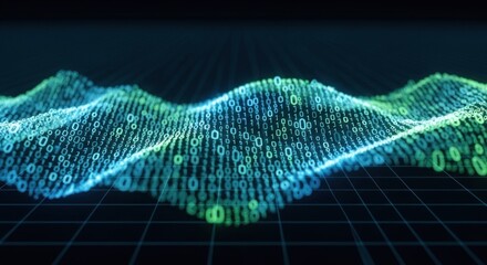 A digital wave with binary code on a dark background