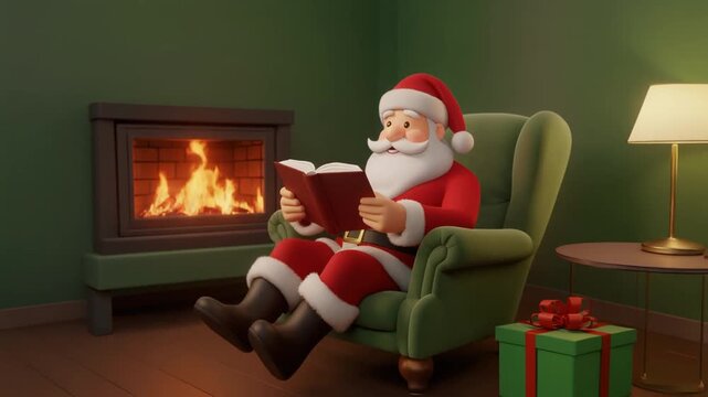 santa claus sitting in a green armchair by the fireplace &ndash; cozy 3d christmas animation