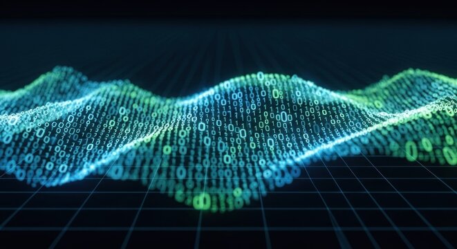 A digital wave with binary code on a dark background - Powered by Adobe