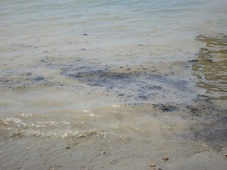 Close-up of the surface of murky water at the sea, heavily contaminated with dark oil, fuel, or sludge from a spill, showing waves and visible pollution in natural light.