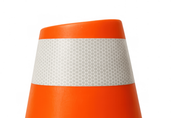 Orange traffic cone with reflective white strip on transparent background, indicating road safety and caution