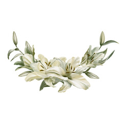 White lilies with leaves in cemicircular frame symbolizing purity,innocence,holiness communion.Hand drawn watercolor illustration for chapel ceremonies,advertisements