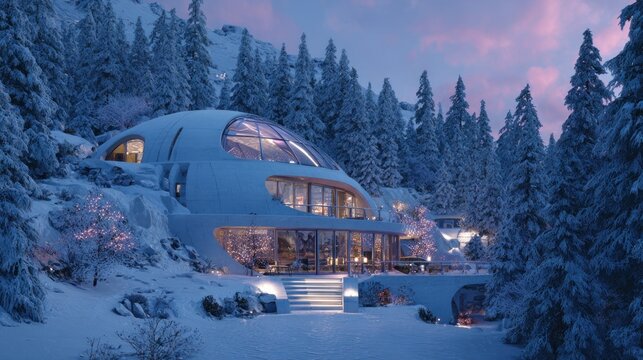 A futuristic domed building nestled in a snow-covered forest at dusk.