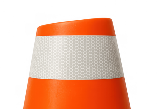 Orange traffic cone with reflective white strip on transparent background, indicating road safety and caution