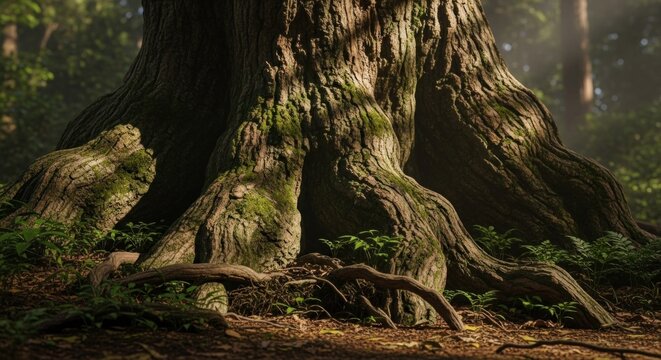 A large, gnarled tree trunk with moss and roots in a dense forest setting.