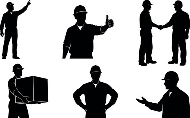 Construction worker silhouette set, black illustration, teamwork and gestures, hard hat icons, labor interaction poses, industrial job concept, communication scene