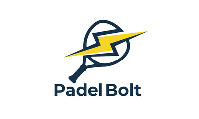 Minimalist vector logo of a padel tennis racket with a yellow lightning bolt. Energetic and dynamic sports design ideal for branding, clubs, tournaments, and athletic identity.