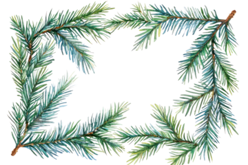 Watercolor illustration of pine branches creating a natural frame with vibrant green needles and soft textures, ideal for seasonal designs and decorations. Isolated on transparent background.