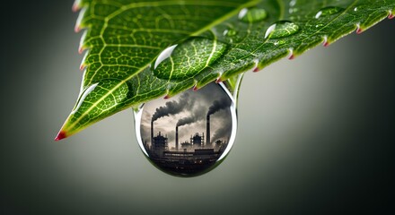Pollution's reflection in a leaf's raindrop shows environmental impact, use as a metaphor for climate change awareness and green initiatives now