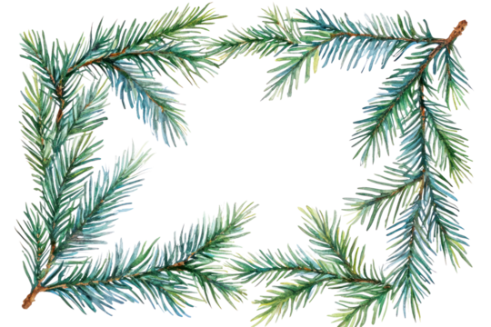 Watercolor illustration of pine branches creating a natural frame with vibrant green needles and soft textures, ideal for seasonal designs and decorations. Isolated on transparent background.