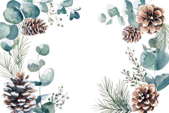 Watercolor illustration featuring pinecones and eucalyptus leaves framing a blank space, ideal for seasonal designs and creative projects. Isolated on transparent background. - Powered by Adobe