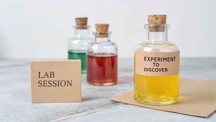 Colorful laboratory bottles with labels showcasing an experimental theme during a lab session for discovery and creativity