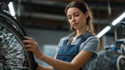 Female worker repairing bike wheels in a bustling workshop during a busy afternoon