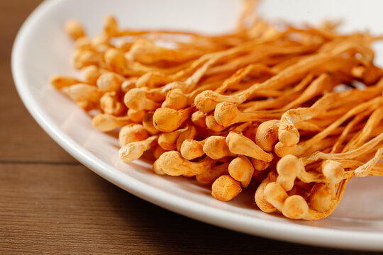 Golden Cordyceps Sinensis Mushrooms Traditional Chinese Medicine Herbs on White Plate
