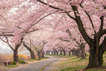 Pink cherry blossom trees bloom in a spring park landscape