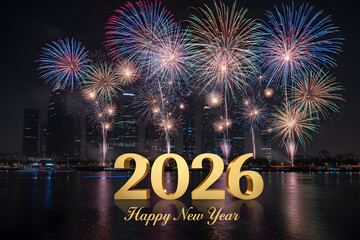 festive 2026 new year fireworks display over illuminated skyscrapers